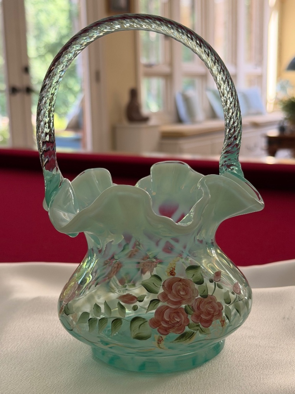 Fenton Aqua Opalescent Diamond Optic Hand Painted Basket 1995 V. Adkins